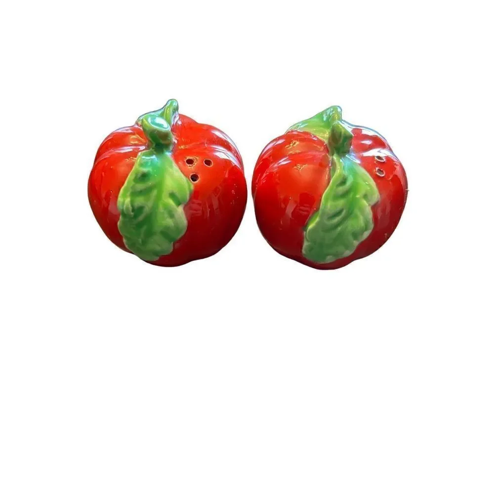 Vintage ceramic red apple salt pepper shakers EUC needs stoppers EH